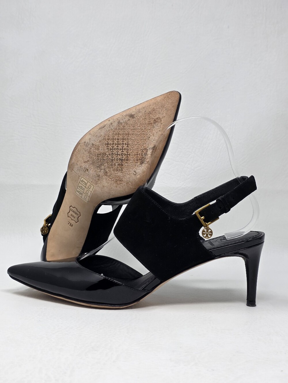 Tory Burch Slingback Pumps Women 7M Black Good Patent Suede Mixed Media Heel